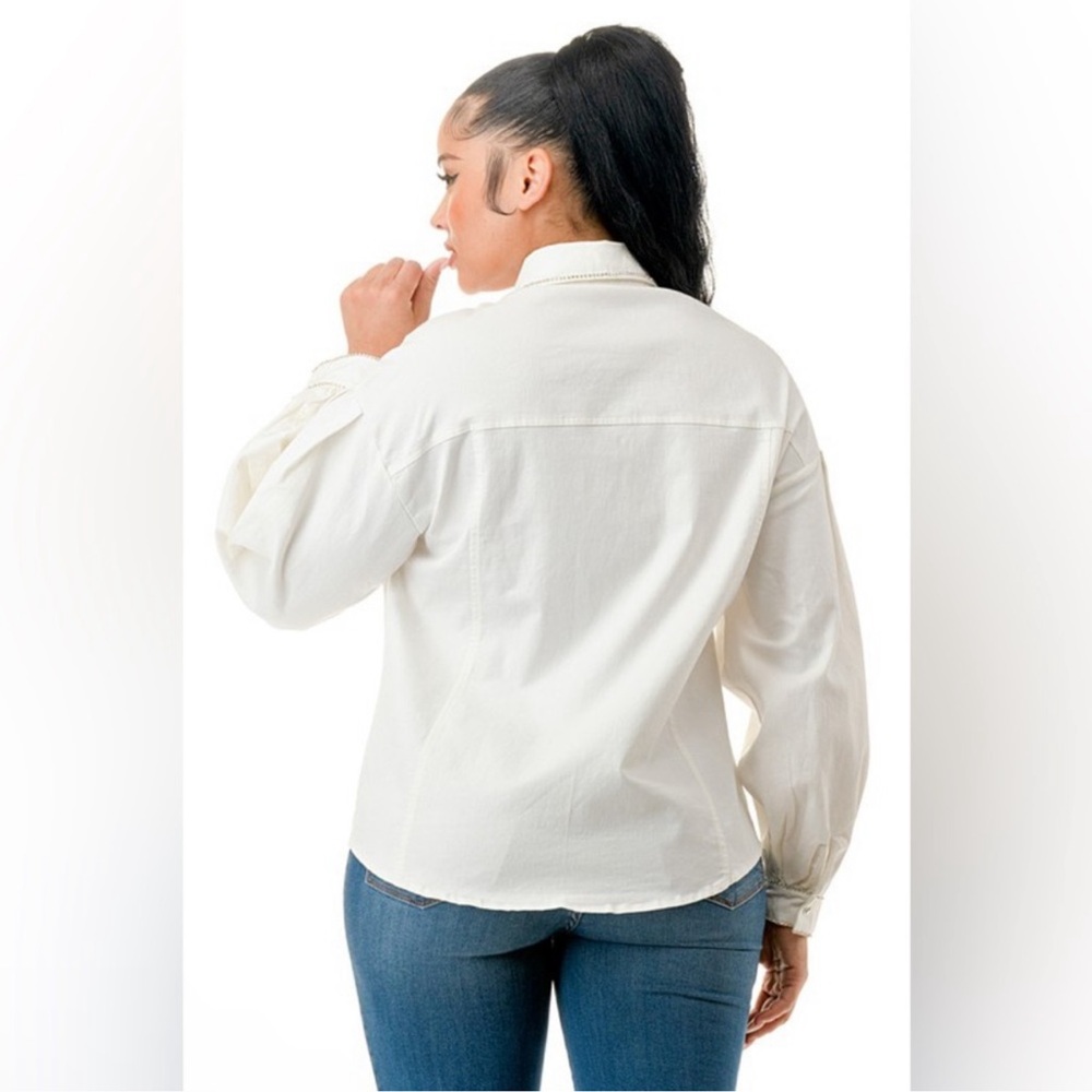 Heart Embellished Denim Shacket in White NWT - Picture 2 of 2